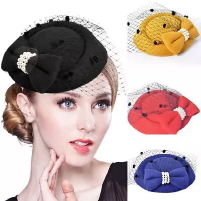 Women Mini Hat Hair Clip With Veil Bowknot Bead Casual Party Headpiece • $13.78