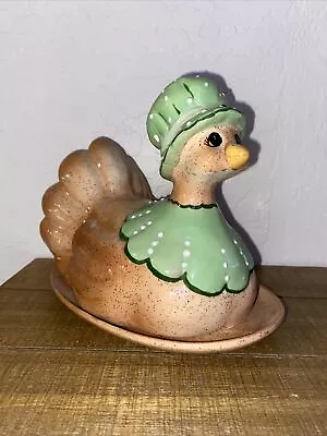 Vintage Chicken Turkey W Green Bonnet Butter Dish Plate Farmhouse Thanksgiving • $15.99