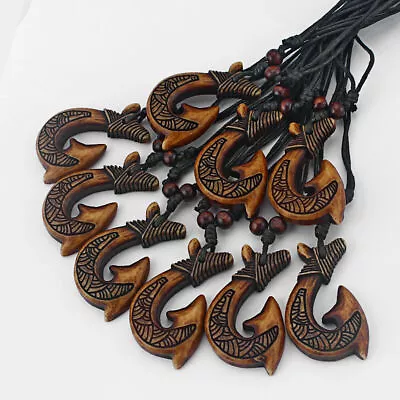 Wholesale 12pcs Brown Tribal Resin Maori Fish Hook Pendant Necklace Adjustable • $12.99