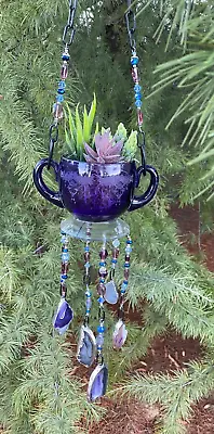Vintage Blue & Purple Glass Sugarbowl Suncatcher Mobile Hanging Patio Yard Art • $55