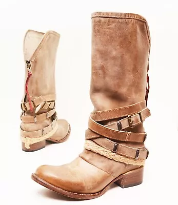 Freebird By Steven DROVER Distressed Taupe Tan Leather Strappy Buckle Boots Sz 7 • $155