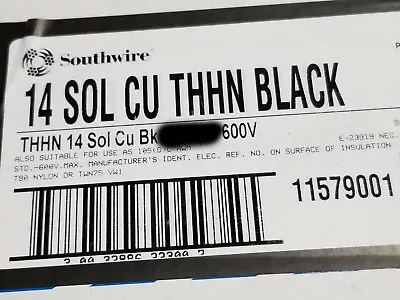 Southwire #14awg Solid THHN/THWN-2/MTW Building Wire Cable Black /100ft • $29.99