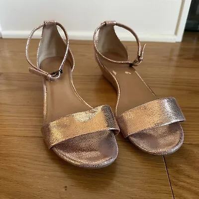J Crew Gold Rose Metallic Demi-Wedge Ankle Strap Wide Band Sandals Size 8.5 • $20