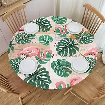 $25.10 • Buy Tropical Leaf Round Table Cloth Flamingo And Palm Leaves Tablecloth Elastic E...