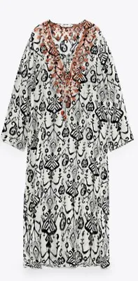 Zara Embroidered Dress Tunic Cover Up Kaftan Sz Large Black Ikat Midi Modest NWT • $49