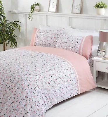 Penelope Lace Trim  Floral Duvet Quilt Cover Bedding Set Pink • £18.95