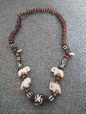 90s Vintage Retro Chunky Ethnic Tribal Wooden Bead Necklace Stone Elephants • £8