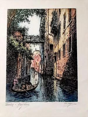 Vintage Color Etching Of Venice Italy  15.5” T X 11” W Titled And Signed • £47.23