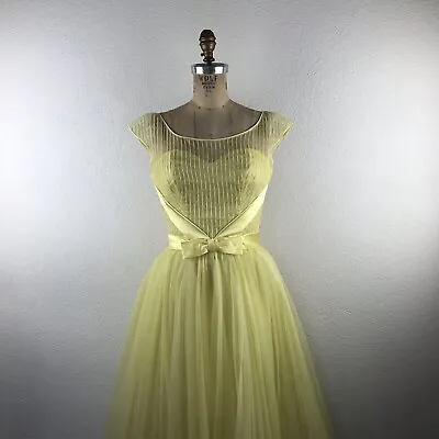 Vintage L 50s S Yellow Illusion Neckline Sweetheart Bust Bow Pleated Skirt Dress • $248