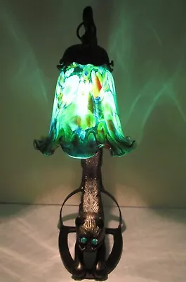 Vintage Stretching Kitty Cat Lamp Glowing Eyes W/ Green Millefiori Glass Shade • $150