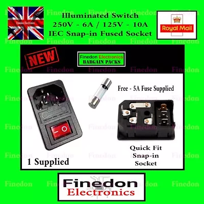 Snap-in Male Power Socket With Fuse Illuminated Switch 3 Pin IEC320 UK Seller • £6.76