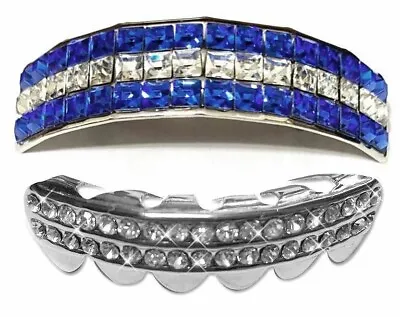 Silver Plated Mouth Teeth Grillz Upper & Lower Set 5 Rows Iced Blue Square CZ • $15.99