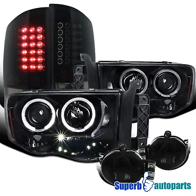 Fits 2002-2005 Ram Glossy Black Projector Head+LED Tail Lights+Smoke Fog Lamps • $234.59