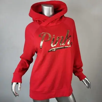 Pink~victorias Secret~s/m~red Embellished Gold Sequin Sweatshirt Hoodie Top • $22.95