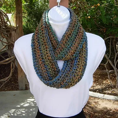 Small Colorful CROCHET INFINITY SCARF Blue Green Teal Rust Mustard Knit Cowl • $25