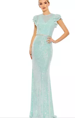 Mac Duggal SEQUINED HIGH NECK FLUTTER SLEEVE GOWN ICE BLUE SIZE 22 (26942) • $135.99