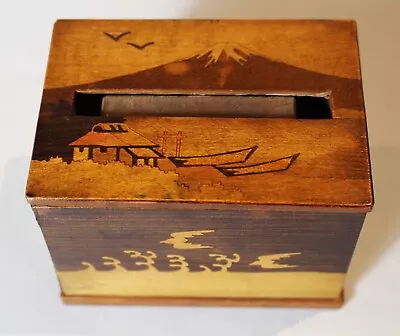 Japanese Pre-War Marquetry Inlaid Cigarette Dispensing Box With Mt. Fuji Etc. • $38