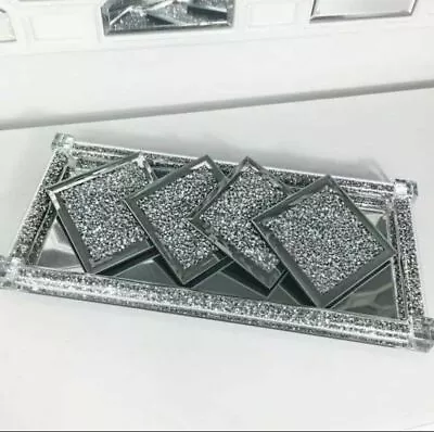 Set Of 4 SPARKLY Square Silver Mirrored Crushed Crystal Coasters KITCHEN BLING • £9.99