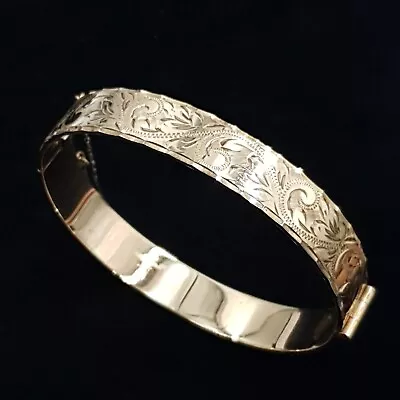 9ct Rolled Gold Bangle Hinged Engraved B LTD Boxed 50 Microns Vintage C1960s • £58.95