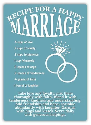 Metal Wall Sign - Recipe For A Happy Marriage - BLUE - Love Couple Husband Wife • £7.85