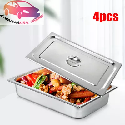 4 Pack Stainless Steel Pans Steam Table Pan With Lid Food Pan Commercial Hotel • $54