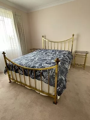 Vintage Double Brass Bed Frame & 2 Matching Glass Topped Brass Side Tables • $250