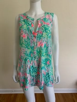 Lilly Pulitzer Sleeveless Tunic Blouse Aqua & Pink Jungle Animals Rayon Large • $25