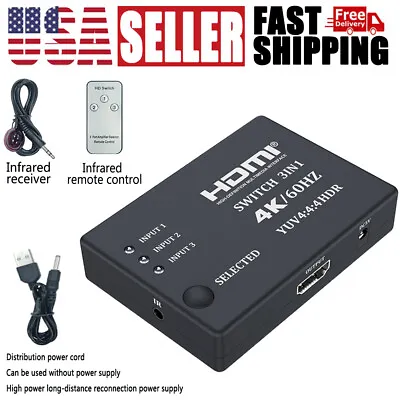 4K 60hz HDMI Switch Switcher 3 Port Switche 3 In 1 Out With Remote Control • $13.21