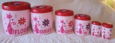 Vintage Pink &Red  REPURPOSED West Bend Canisters W/ S&P Shakers MCM Cat Decals • $375