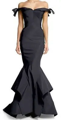 $6995.00 Zac Posen Off The Shoulder Bow Detail Dark Blue  Long Gown Dress US 4 • $1596.75