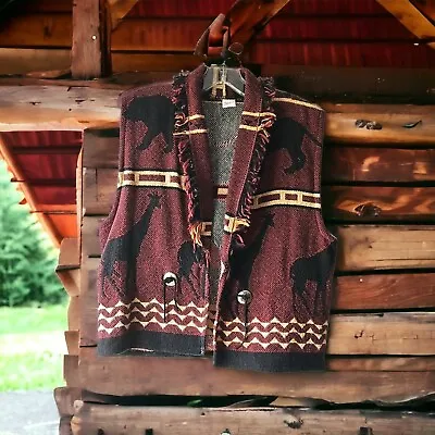 Vintage Hippie Vest Woven Tapestry Conchos Animal Print Fringe Festival • $19.49