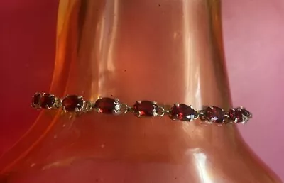 10K Oval Garnet Vintage Statement Bracelet 7.75  Yellow Gold Safety 5 Grams • $329.89