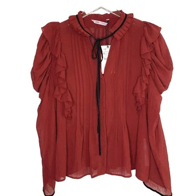 $31.50 • Buy Zara XL NEW Red Ruffle Blouse Velvet Bow Puff Sleeve High Neck