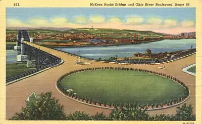 McKees Rocks Bridge Over Ohio River - Pittsburgh PA Pennsylvania - Linen • $2.49