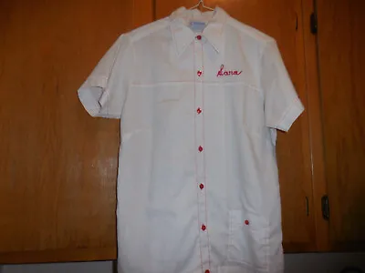 Vintage Bowling Shirt Petite Med Womens 60s HIP White Red SARA Name Pocket • $17