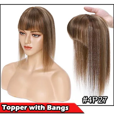 Silk Top Clip In Remy Human Hair Topper Women Hairpiece With Bangs ForLoss Hair • $42.05