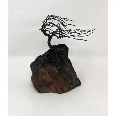 American Brutalist Style Mid Century Burnt Metal Tree & Wood Sculpture  • $53