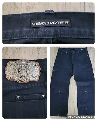 Vintage Y2K Versace Jeans Couture Baggy Wide Leg Cargo Pants Dark Blue 38x32 • $120