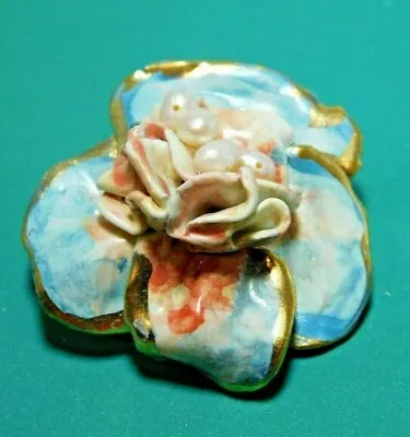 Vintage China Watercolor Blue Japanese Anemone Flower Pearls Brooch England • £20.54