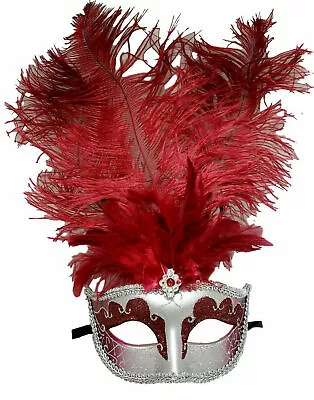 Dark Red Silver Mardi Gras Prom Venetian Feather Mask • $18.95