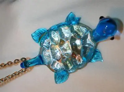FUN! Sky Blue & White Sculpted Speckled Murano Glass Turtle Pendant Necklace • $13.49