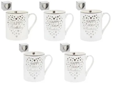 £7.49 • Buy Happy 30th 40th 50th 60th Birthday Fine China Mug Silver Heart Design Boxed 