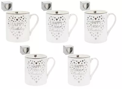 Happy 30th 40th 50th 60th Birthday Fine China Mug Silver Heart Design Boxed  • £7.49