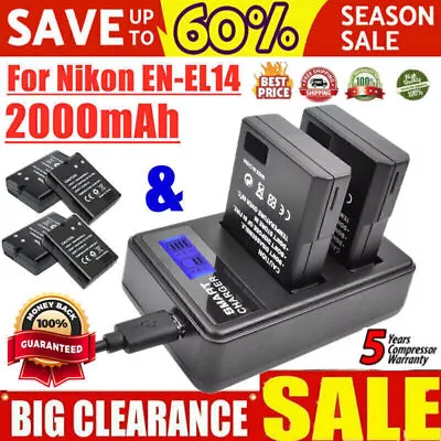 2000mAh EN-EL14 Battery & LCD Dual Charger For Nikon D3400 D5100 D5200 P7800 QP • $65.99