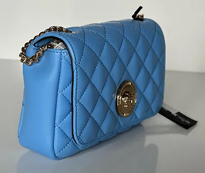 NWT $1325 Versace Quilted Lamb Leather Blue Small Shoulder Bag DBFI163S Italy • $1181.18