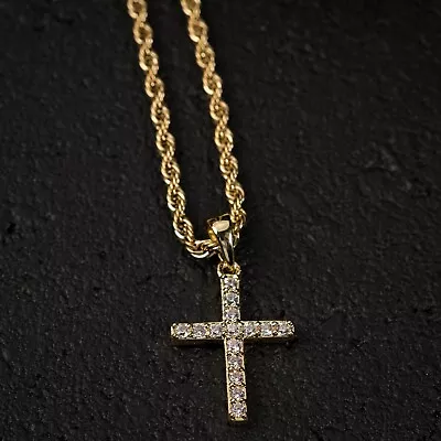 14K Gold Plated Iced Micro Mini Cross Pendant Hip Hop Rope Chain Necklace  • $16.09