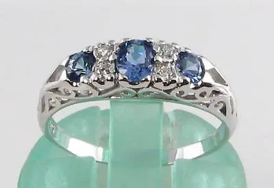 9K WHITE GOLD CEYLON SAPPHIRE DIAMOND  ETERNITY BAND ART DECO INS RING Size O • £439