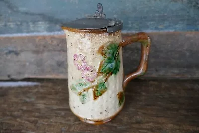 Antique Majolica Art Pottery  Syrup Blackberry Blossom Pitcher Pewter Top 5.5 In • $80