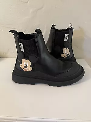ZARA Kids Boots Disney Faux Black Leather Zip Rain Combat  Girls 33EU /US Sz 2 • $15.99