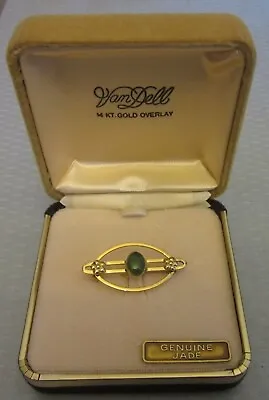 Vtg Van Dell Genuine Jade Pin In Box 14kt Gold Overlay Modernist Oval Cabochon • $24.95